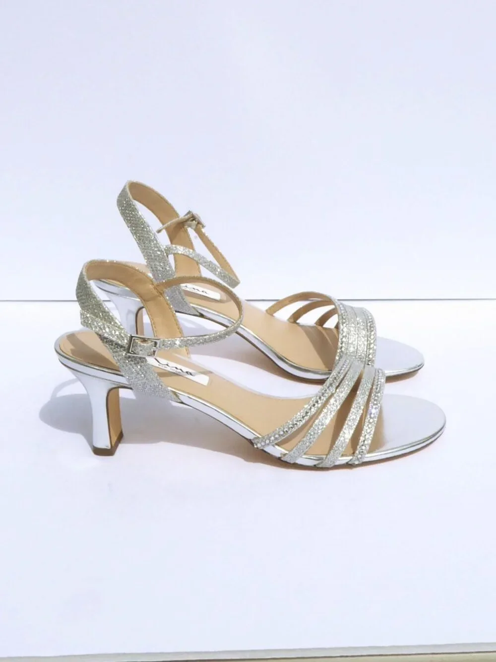 Nina New York silver rhinestone glitter strappy ankle strap heels size 8.5